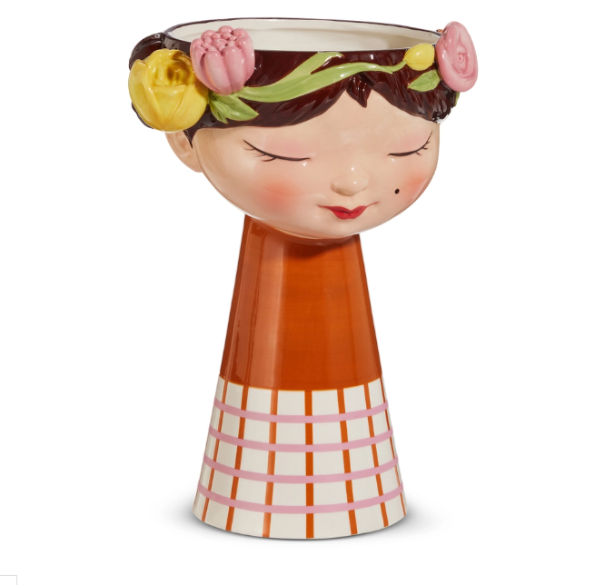 11" Girl Head Vase with Flowers