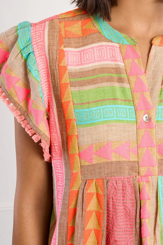 Short-sleeved dress with multicoloured print
