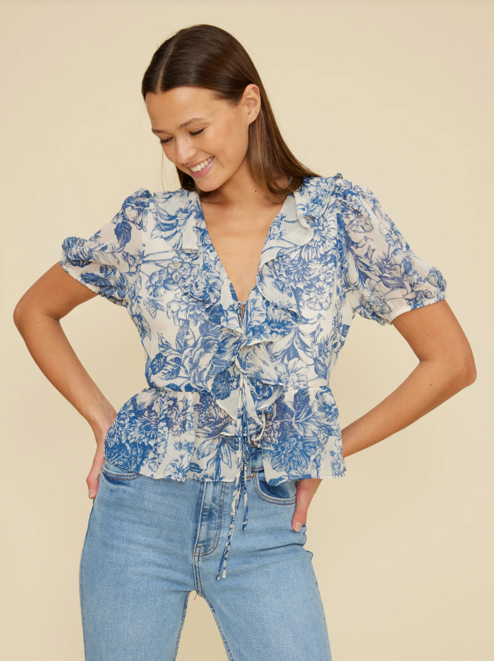 Blue Floral Bee Ruffle Top