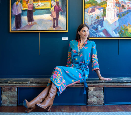 Talia Dress in Teal Scroll