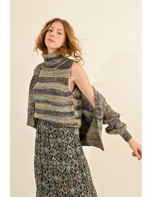Multicolor Sleeveless Turtleneck Sweater in Grey
