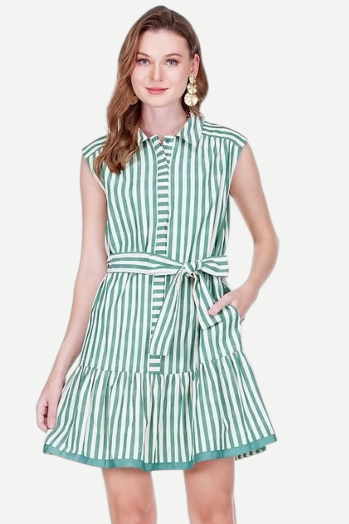 Green Stripe Contrast Shirtdress