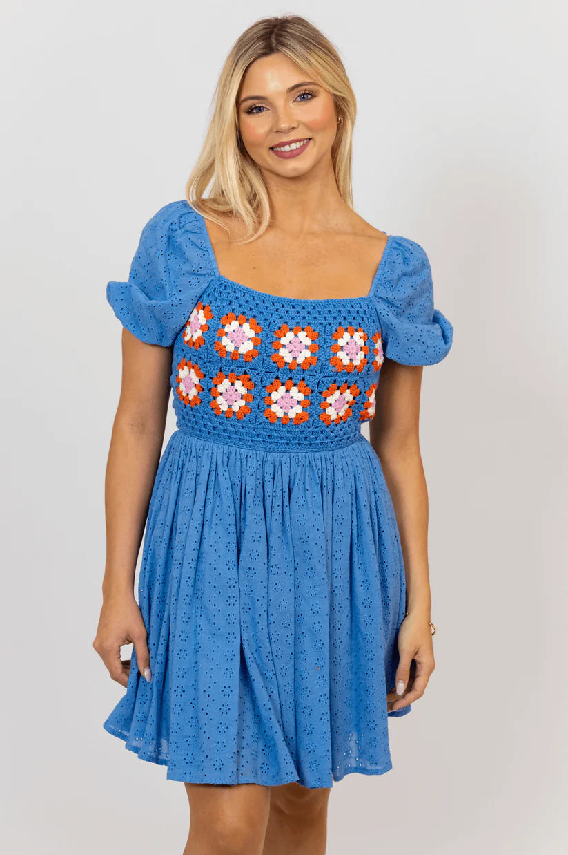 Crochet Trimmed Puff Sleeve Dress