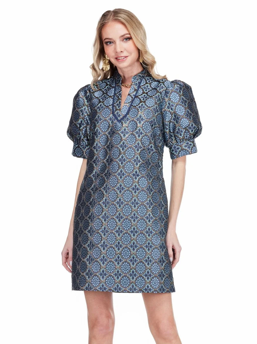 Collar Trimmed V Neck Dress in Gilded Trellis