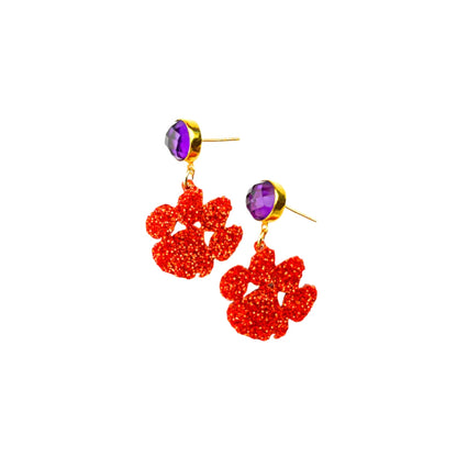 Clemson Mini Orange Glitter Paw Earrings