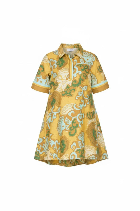 Placket Swing Dress in Saffron Scroll