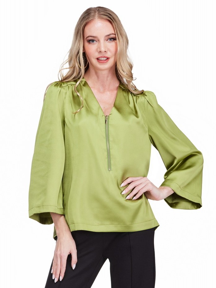 V-Neck Zipper Blouse in Kiwi