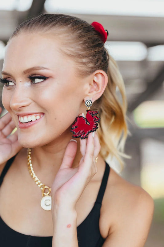 USC Garnet and Black Glitter Gamecock Earrings