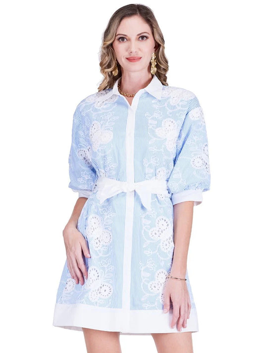 Butterfly Embroidered Dress in Blue & White