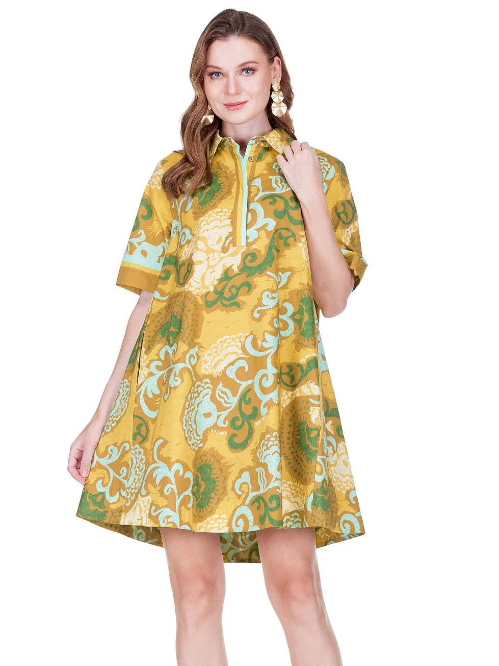 Placket Swing Dress in Saffron Scroll