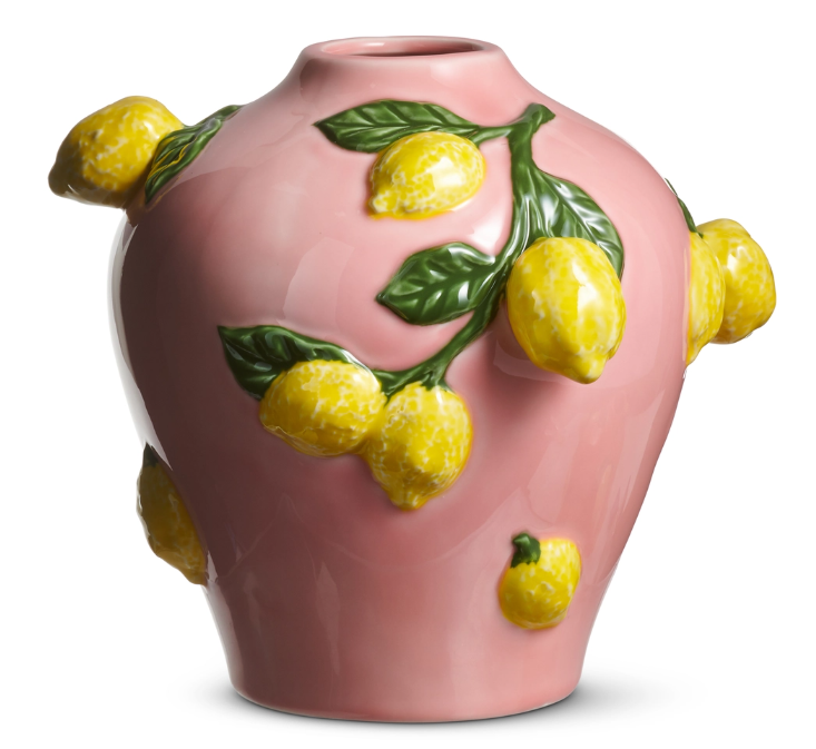9.5" Pink Vase with Lemons