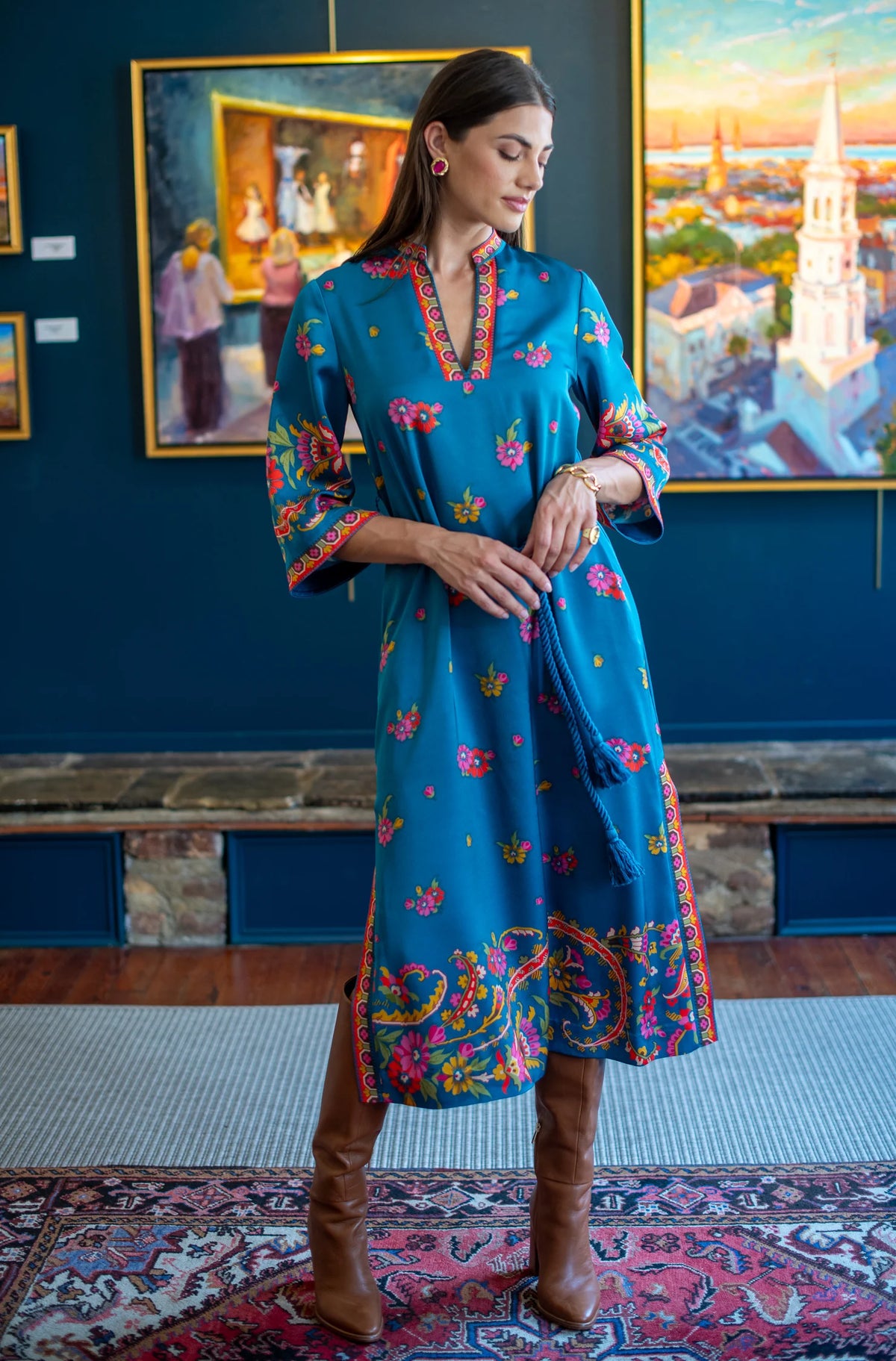 Talia Dress in Teal Scroll