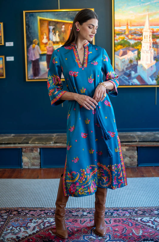Talia Dress in Teal Scroll