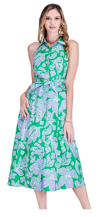 Green Petal Fitted Halter Shirtdress
