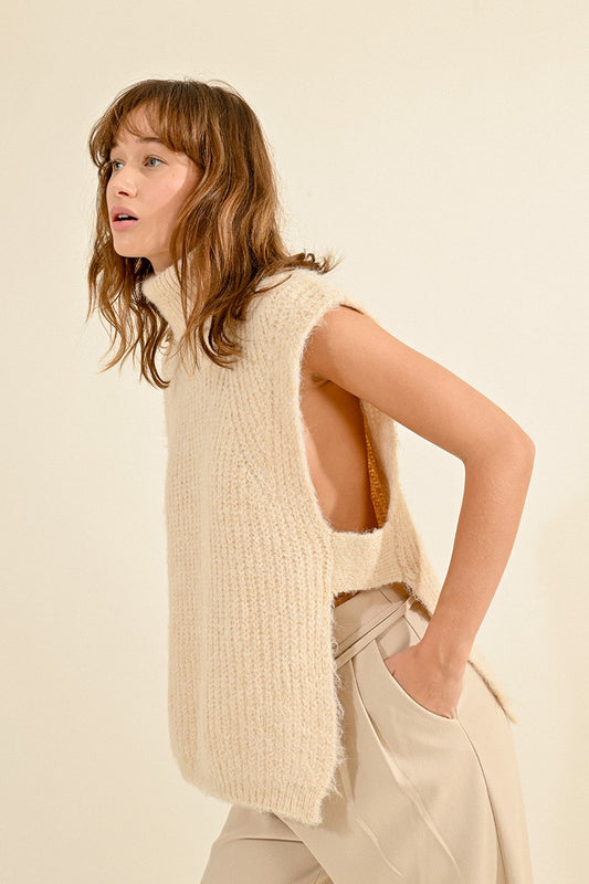 Sleeveless Openwork Sweater with Turtleneck in Cream