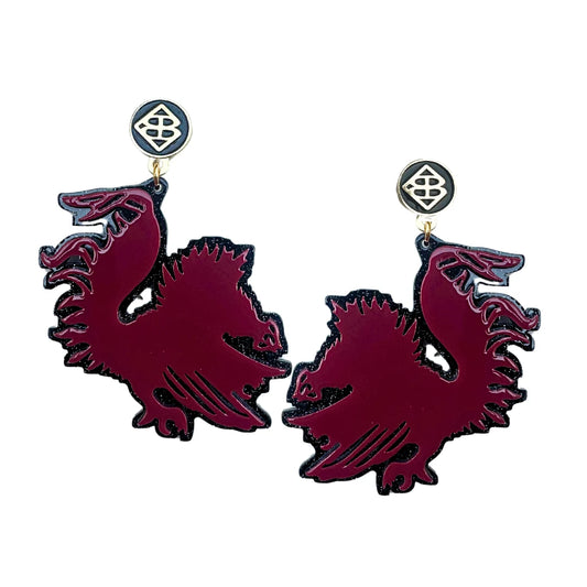 USC Garnet and Black Glitter Gamecock Earrings