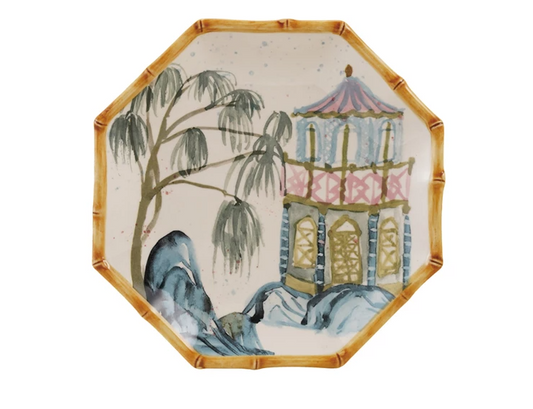 Hand Painted stoneware octagon plate with palm and houses