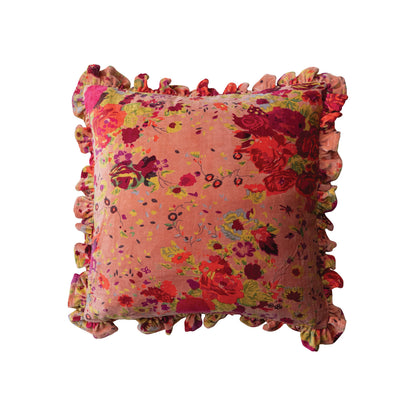 Velvet Printed Pillow w/ Floral Pattern