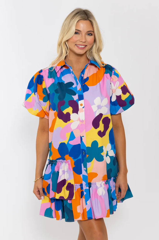 Abstract Floral Puff Sleeve Ruffle Bottom Dress