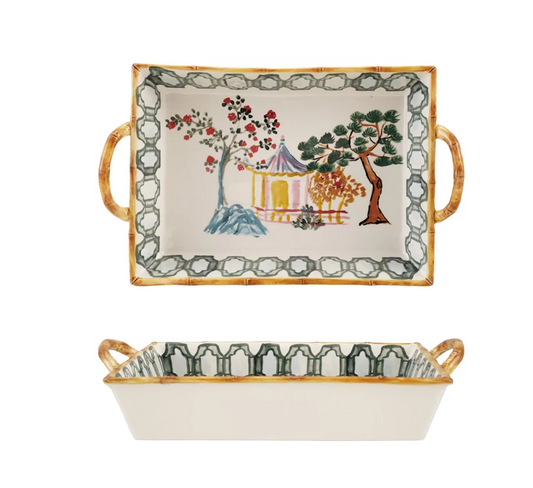 Hand painted stoneware baker with house, trees, bamboo